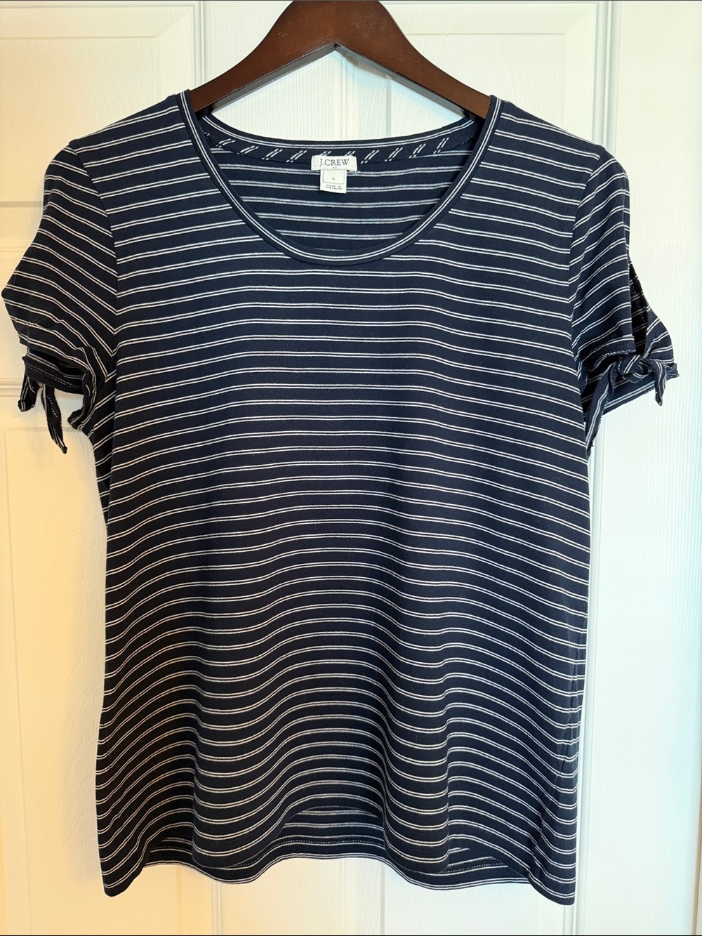 J. Crew Navy and White Striped Short Sleeve Tee with Tie Sleeves